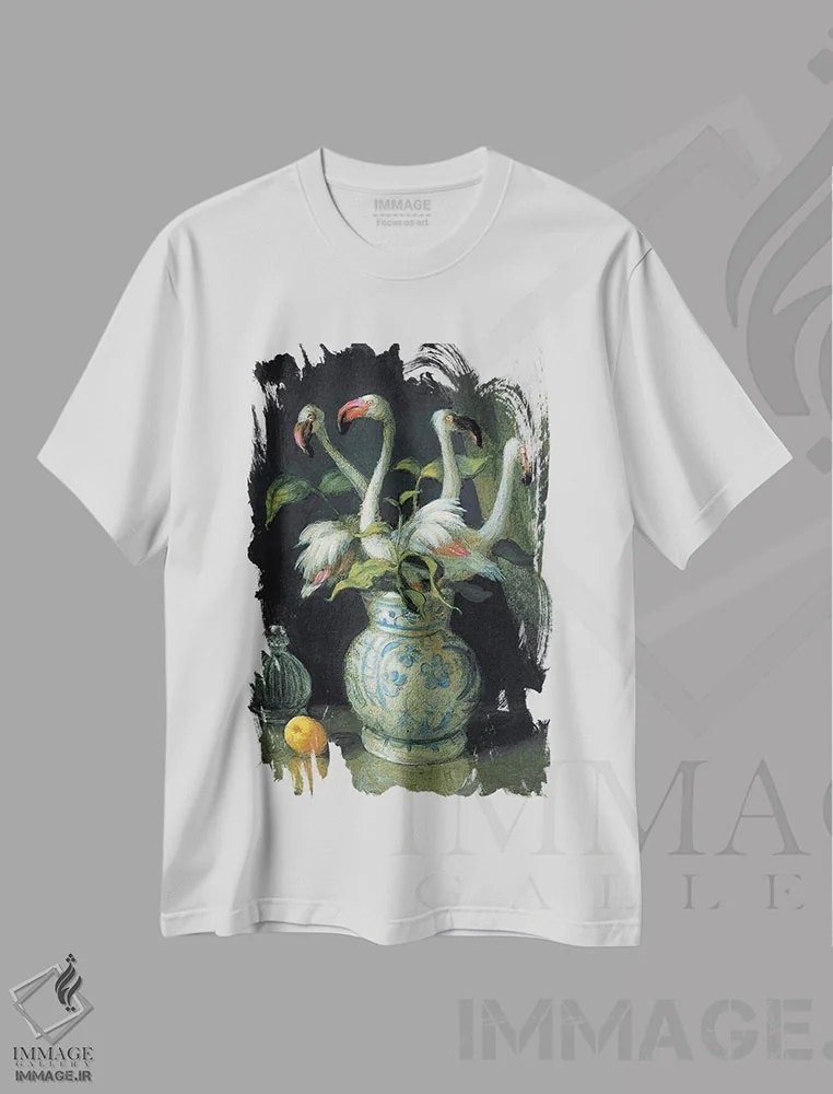 تیشرت سفید طرح دار – تیشرت هنری ,گل های فلامینگو اثر مایکل سووا immage.ir