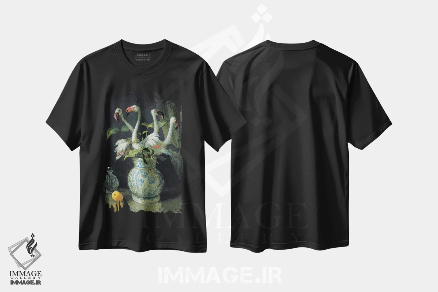 تیشرت مشکی طرح دار – تیشرت هنری ,گل های فلامینگو اثر مایکل سووا فروشگاه ایماژ