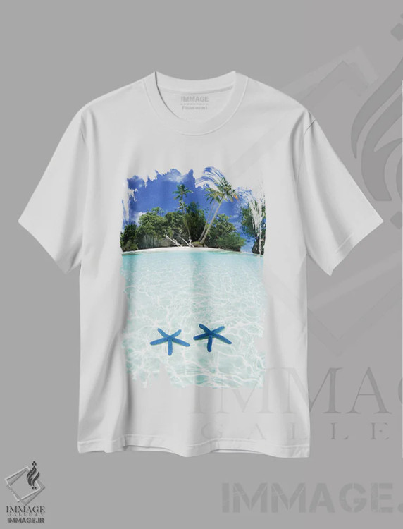 تیشرت سفید طرح دار – تیشرت طبیعت ,دو ستاره دریایی در آب کم عمق، جزایر راک، پالائو اثر مایکل دفریتاس فروشگاه ایماژ