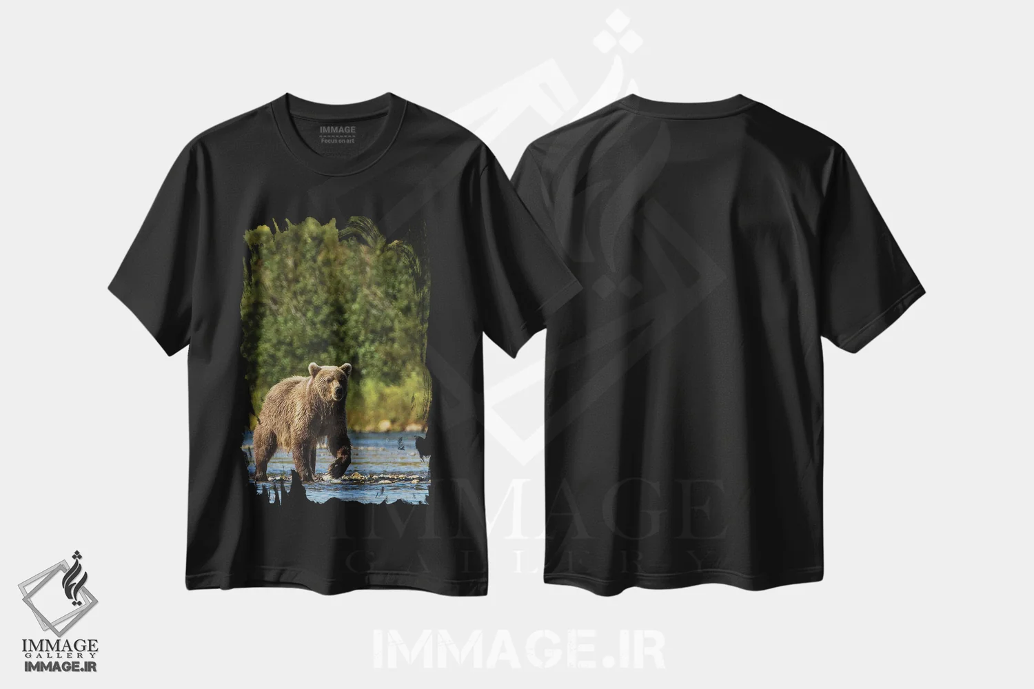 تیشرت مشکی طرح دار – تیشرت طبیعت ,خرس گریزلی یا قهوه ای، رودخانه مورین، پارک و منطقه حفاظت شده کت مای، آلاسکا اثر مایکل دفریتاس فروشگاه ایماژ