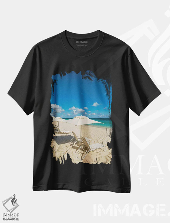 تیشرت مشکی طرح دار – تیشرت ساحلی ,چترهای ساحلی در ساحل گریس بی II، پروویدنسیالس، جزایر ترک و کایکوس، کارائیب اثر مایکل دفریتاس فروشگاه ایماژ