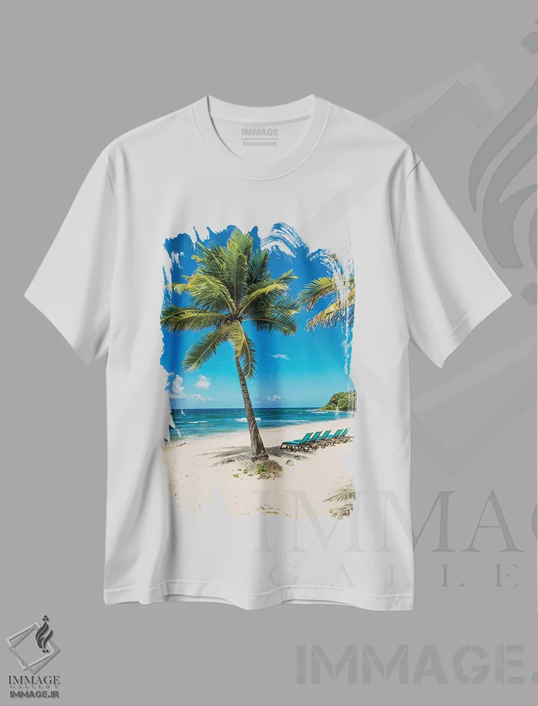 تیشرت سفید طرح دار – تیشرت ساحلی ,ساحل ریزورت کارامبولا، سنت کروآ، جزایر ویرجین آمریکا اثر مایکل دفریتاس فروشگاه ایماژ