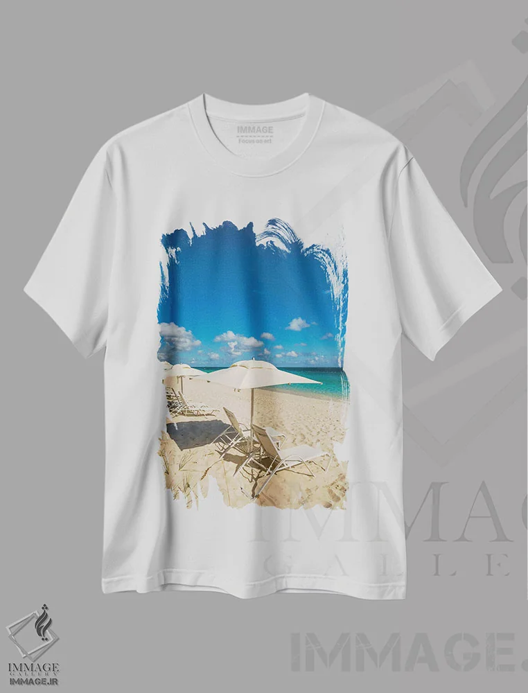 تیشرت سفید طرح دار – تیشرت ساحلی ,چترهای ساحلی در ساحل گریس بی II، پروویدنسیالس، جزایر ترک و کایکوس، کارائیب اثر مایکل دفریتاس immage.ir