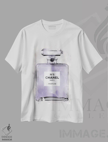 تیشرت سفید طرح دار – تیشرت عطر ,بطری عطر بنفش اثر مدلین بلیک فروشگاه ایماژ