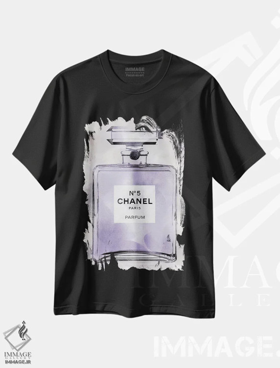 تیشرت مشکی طرح دار – تیشرت عطر ,بطری عطر بنفش اثر مدلین بلیک immage.ir