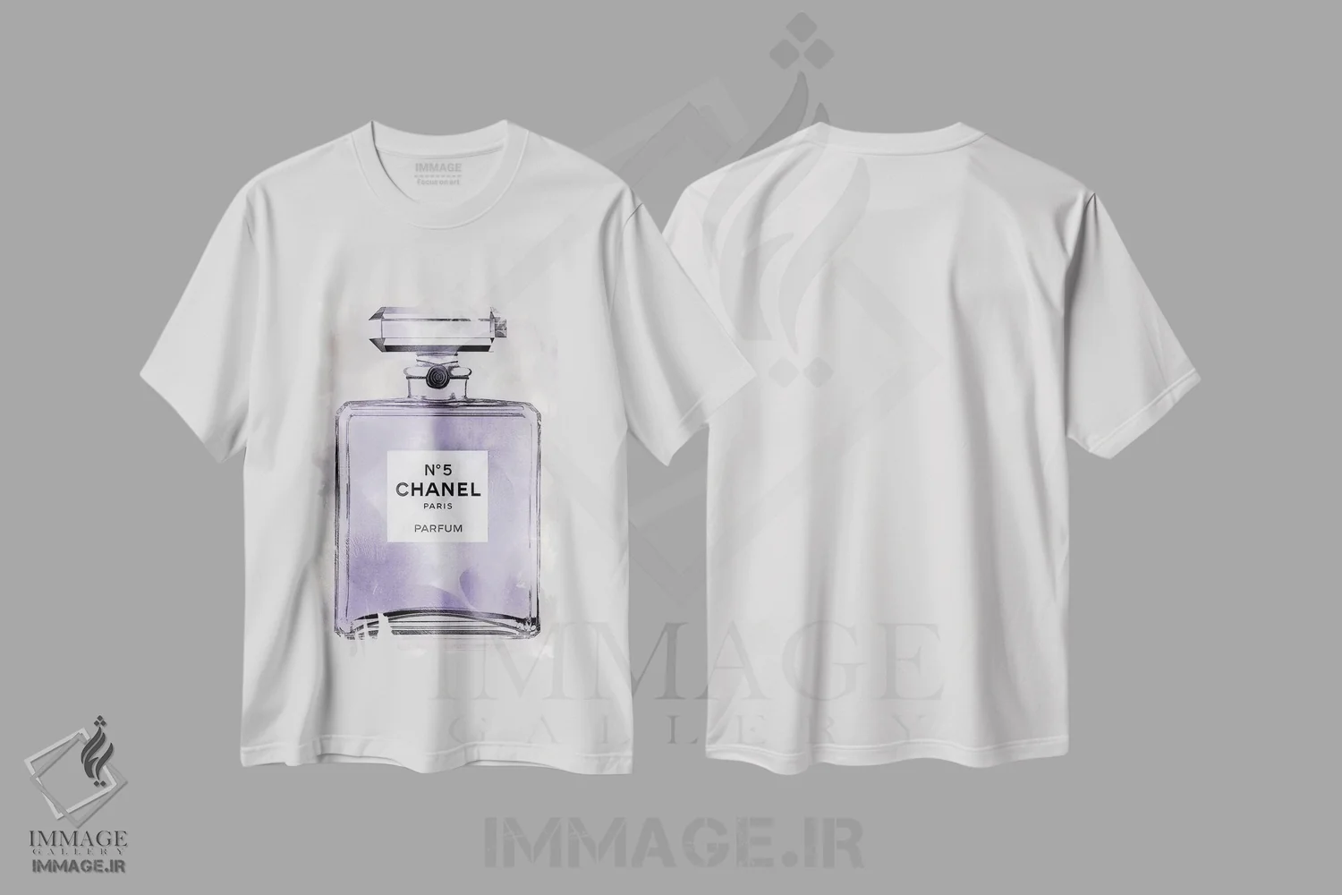 تیشرت سفید طرح دار – تیشرت عطر ,بطری عطر بنفش اثر مدلین بلیک فروشگاه ایماژ