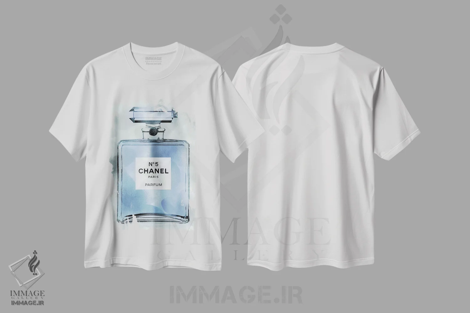 تیشرت سفید طرح دار – تیشرت شنل ,بطری عطر آبی اثر مدلین بلیک immage.ir