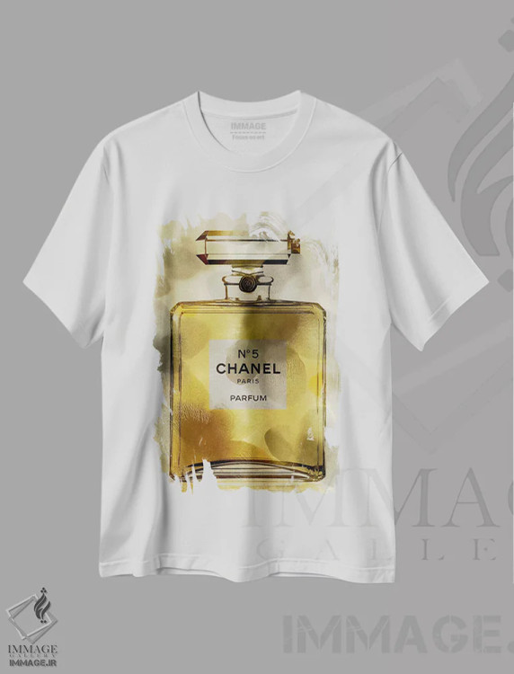 تیشرت سفید طرح دار – تیشرت لوکس شنل ,بطری عطر طلایی اثر مدلین بلیک فروشگاه ایماژ