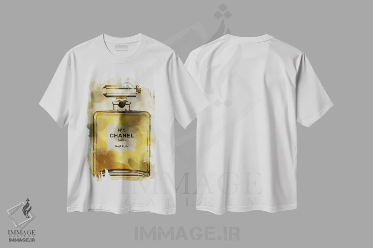 تیشرت سفید طرح دار – تیشرت لوکس شنل ,بطری عطر طلایی اثر مدلین بلیک فروشگاه ایماژ