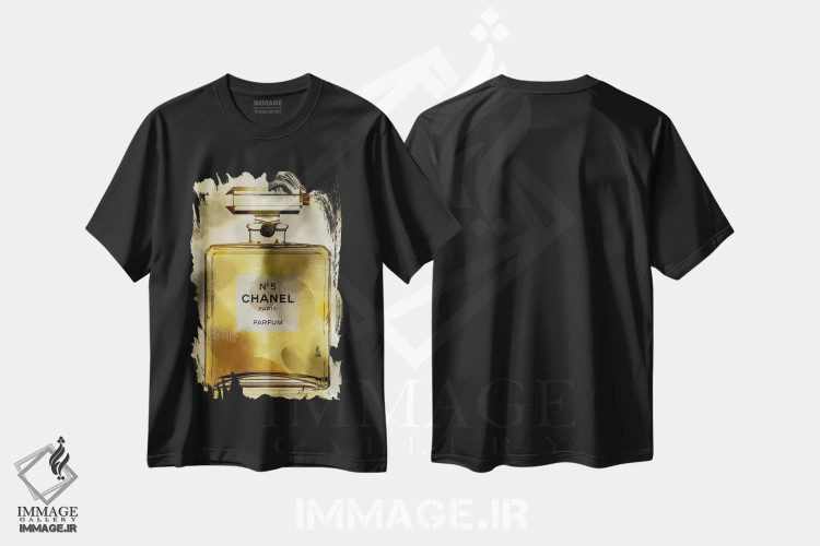 تیشرت مشکی طرح دار – تیشرت لوکس شنل ,بطری عطر طلایی اثر مدلین بلیک immage.ir