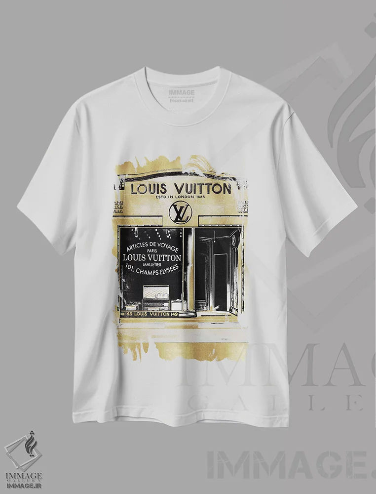 تیشرت سفید طرح دار – تیشرت برند لویی ویتون ,ویترین فروشگاه طراح در زمینه طلایی اثر مدلین بلیک فروشگاه ایماژ