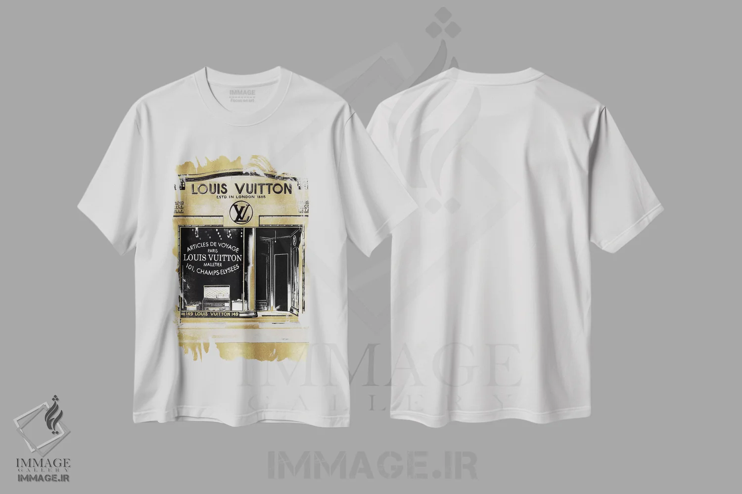 تیشرت سفید طرح دار – تیشرت برند لویی ویتون ,ویترین فروشگاه طراح در زمینه طلایی اثر مدلین بلیک فروشگاه ایماژ