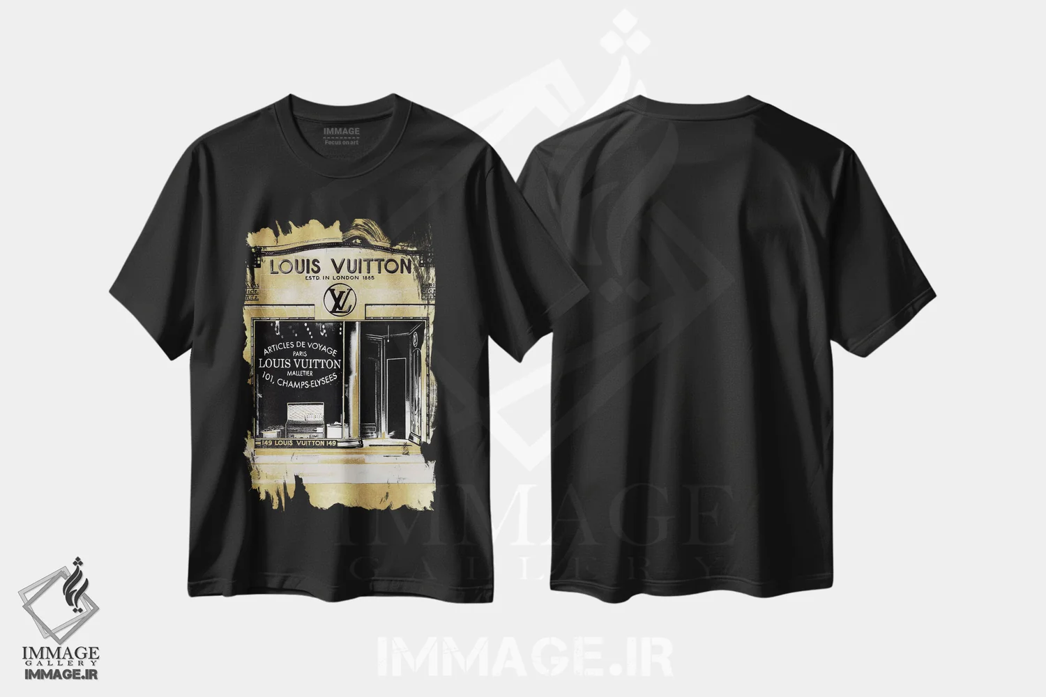 تیشرت مشکی طرح دار – تیشرت برند لویی ویتون ,ویترین فروشگاه طراح در زمینه طلایی اثر مدلین بلیک immage.ir