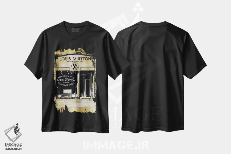 تیشرت مشکی طرح دار – تیشرت برند لویی ویتون ,ویترین فروشگاه طراح در زمینه طلایی اثر مدلین بلیک immage.ir