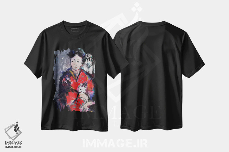 تیشرت مشکی طرح دار – تیشرت حیوانات ,گیشا و گربه I اثر مارینا دل پوزو immage.ir