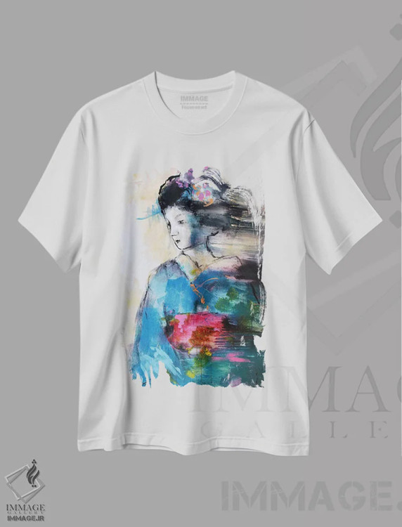 تیشرت سفید طرح دار – تیشرت هنری ,گیشای آبی اثر مارینا دل پوزو فروشگاه ایماژ