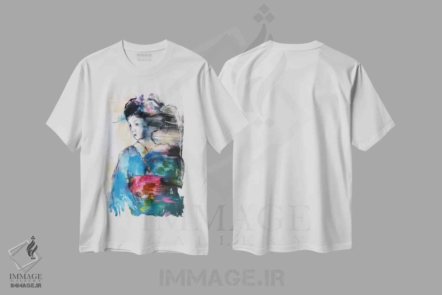 تیشرت سفید طرح دار – تیشرت هنری ,گیشای آبی اثر مارینا دل پوزو فروشگاه ایماژ