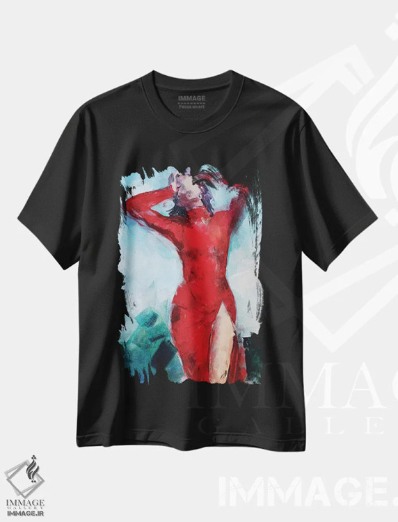 تیشرت مشکی طرح دار – تیشرت هنری ,زن با لباس قرمز اثر مارینا دل پوزو immage.ir