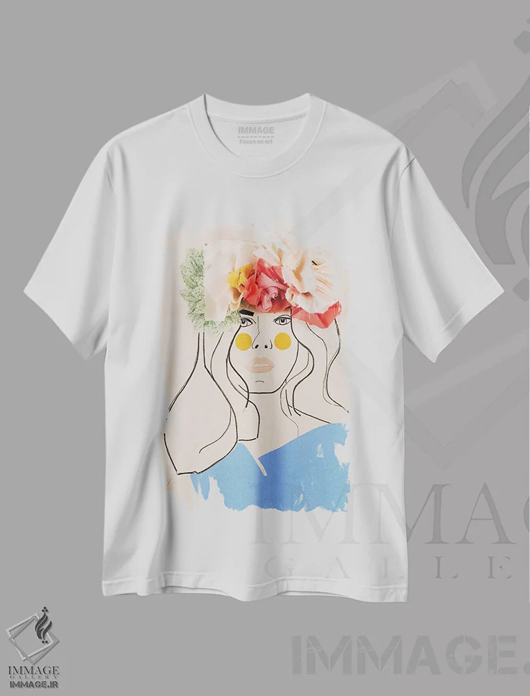تیشرت سفید طرح دار – تیشرت هنری زنانه ,سر گل یک اثر مردیت استیل فروشگاه ایماژ