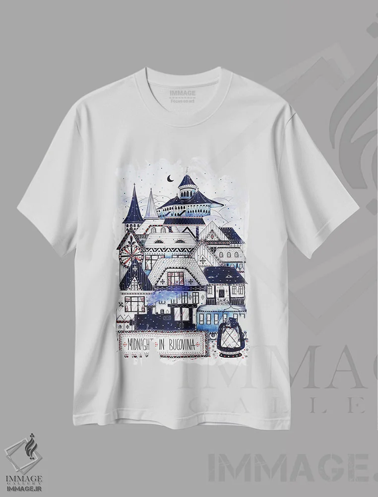 تیشرت سفید طرح دار – تیشرت هنری ,نیمه شب در بوکووینا اثر مادالینا تنتارئانو immage.ir