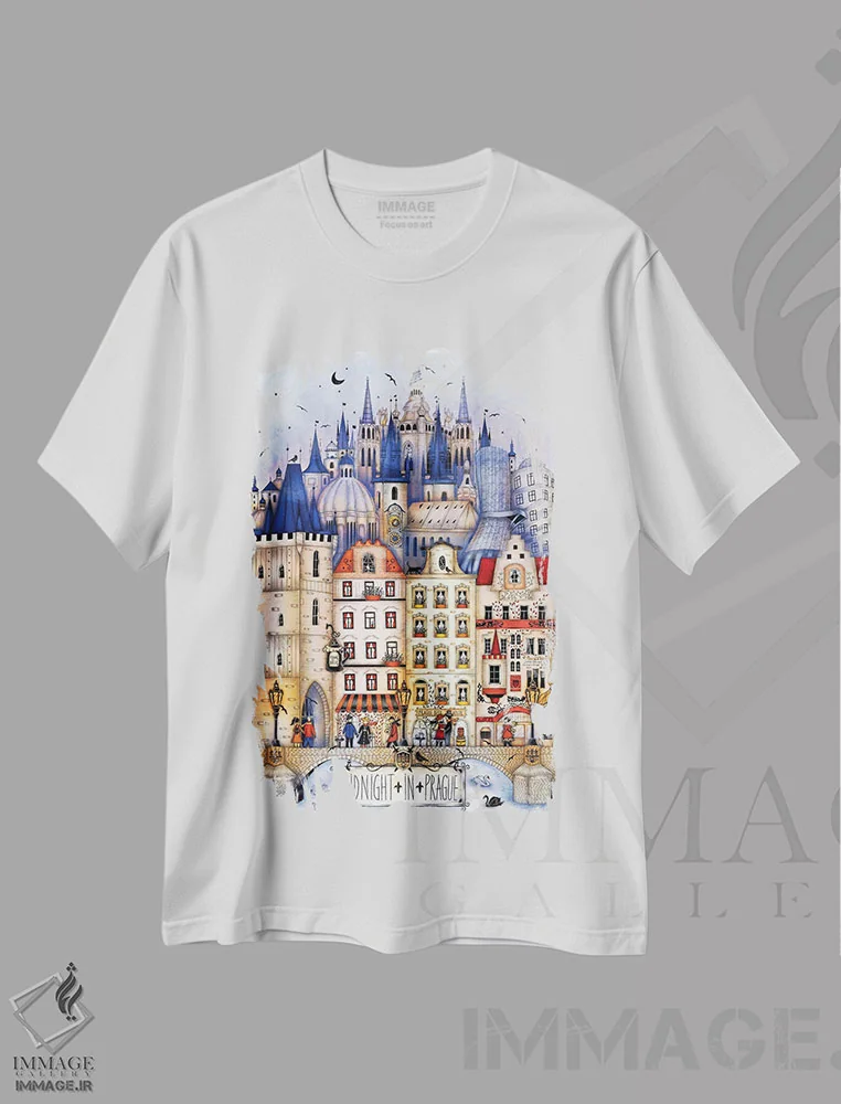 تیشرت سفید طرح دار – تیشرت شهری ,نیمه شب در پراگ اثر مادالینا تنتارئانو immage.ir