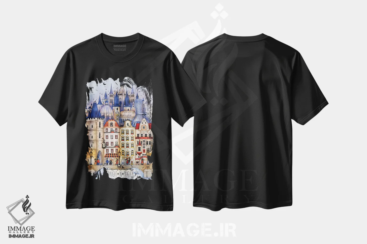 تیشرت مشکی طرح دار – تیشرت شهری ,نیمه شب در پراگ اثر مادالینا تنتارئانو فروشگاه ایماژ