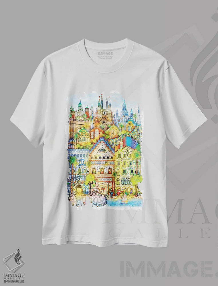 تیشرت سفید طرح دار – تیشرت تابستانی ,تابستان در بارسلونا اثر مادالینا تنتارئانو immage.ir