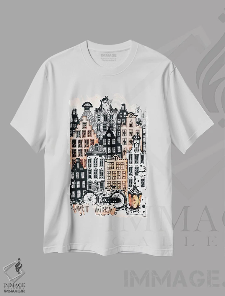 تیشرت سفید طرح دار – تیشرت اروپایی ,نیمه شب در آمستردام اثر مادالینا تنتارئانو فروشگاه ایماژ