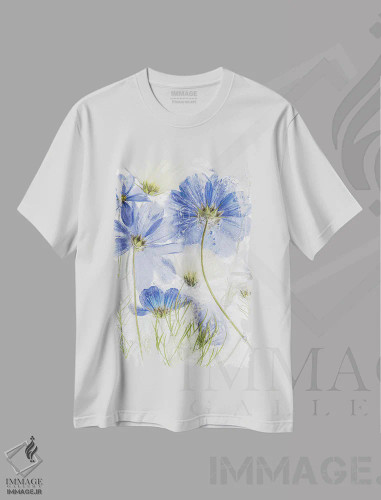 تیشرت سفید طرح دار – تیشرت گلدار ,کاسموس آبی اثر مندی دیشر فروشگاه ایماژ