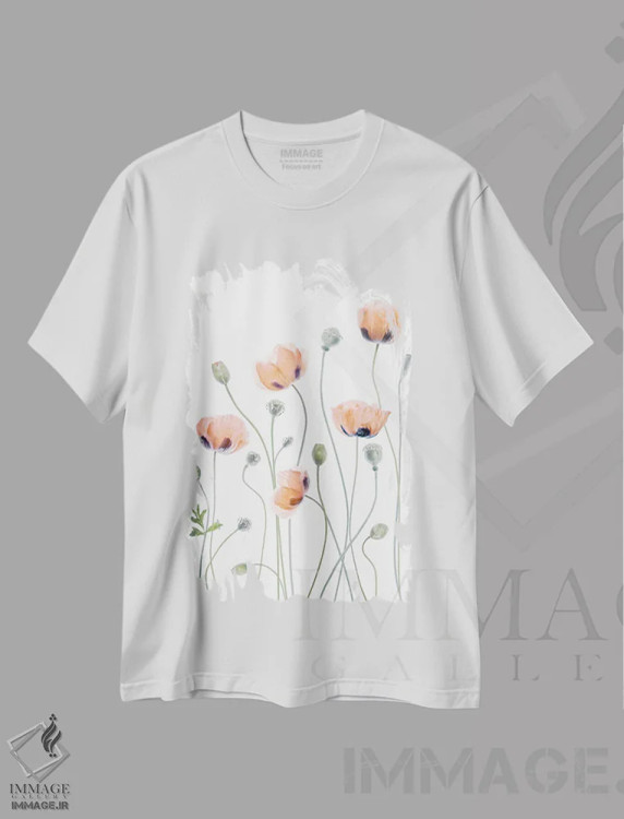 تیشرت سفید طرح دار – تیشرت هنری ,شقایق ها اثر مندی دیشر immage.ir