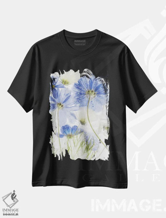 تیشرت مشکی طرح دار – تیشرت گلدار ,کاسموس آبی اثر مندی دیشر immage.ir