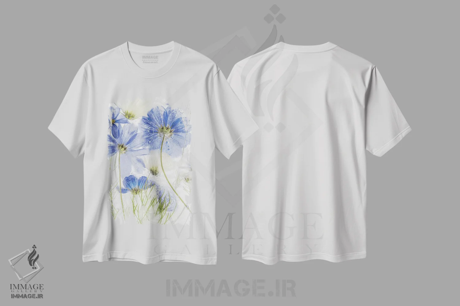 تیشرت سفید طرح دار – تیشرت گلدار ,کاسموس آبی اثر مندی دیشر فروشگاه ایماژ