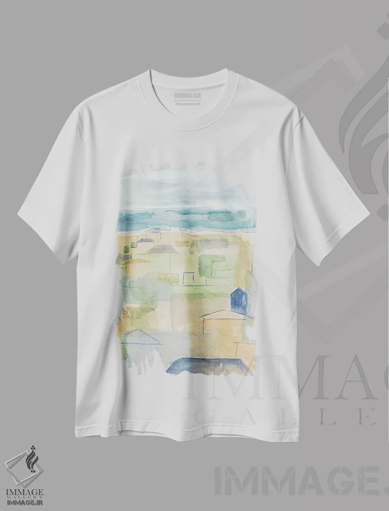 تیشرت سفید طرح دار – تیشرت هنری منظره ,ساحل مدیترانه II اثر مگان میگر فروشگاه ایماژ