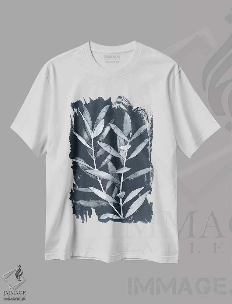 تیشرت سفید طرح دار – تیشرت هنری گیاهی ,برگ های نیمه شب II اثر مگان میگر فروشگاه ایماژ