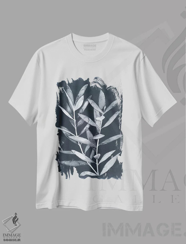 تیشرت سفید طرح دار – تیشرت هنری گیاهی ,برگ های نیمه شب II اثر مگان میگر فروشگاه ایماژ
