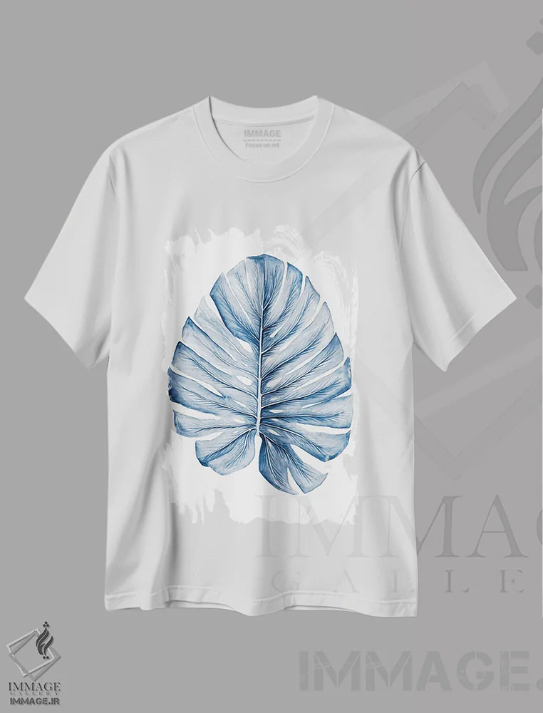 تیشرت سفید طرح دار – تیشرت طبیعت ,برگ های استوایی نیلی I اثر مگان میگر فروشگاه ایماژ