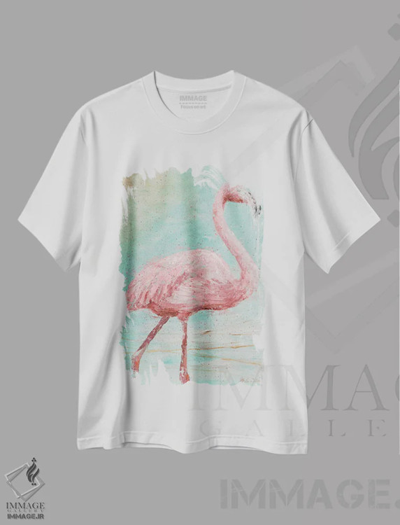 تیشرت سفید طرح دار – تیشرت پرندگان ,فلامینگوی صورتی I اثر ماری الین کوسون immage.ir