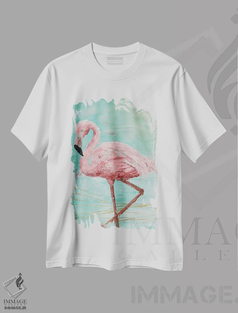 تیشرت سفید طرح دار – تیشرت پرنده ,فلامینگوی صورتی II اثر ماری الین کوسون فروشگاه ایماژ