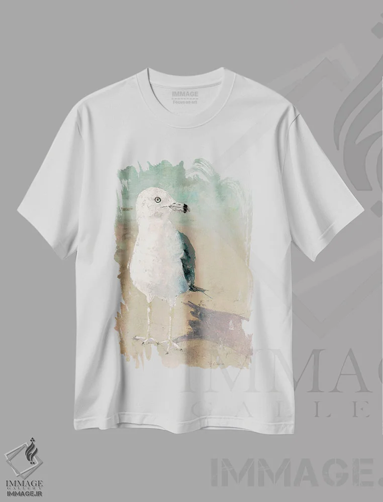 تیشرت سفید طرح دار – تیشرت طبیعت ,پرنده ی ساحلی اثر ماری الین کوسون immage.ir