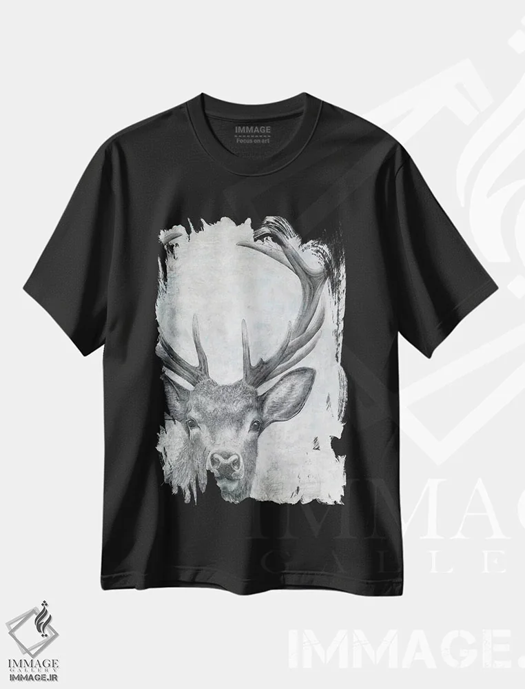 تیشرت مشکی طرح دار – تیشرت حیوانات ,پرتره ی یک گوزن اثر ماری الین کوسون فروشگاه ایماژ