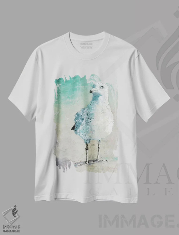 تیشرت سفید طرح دار – تیشرت ساحلی ,پرنده ی ساحلی اثر ماری الین کوسون فروشگاه ایماژ