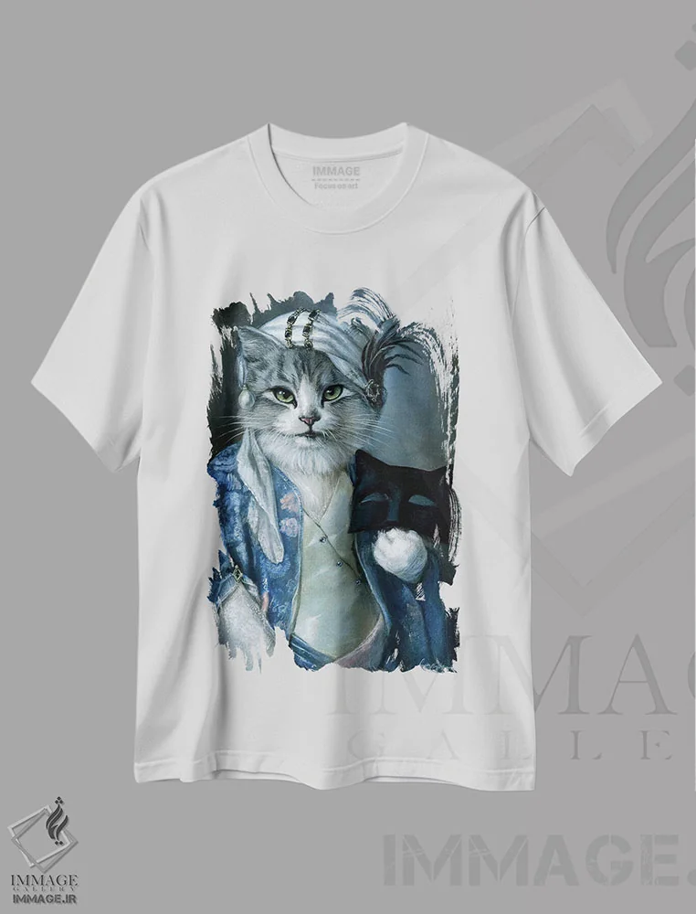 تیشرت سفید طرح دار – تیشرت گربه ,فرنی اثر ملیندا کوپر immage.ir