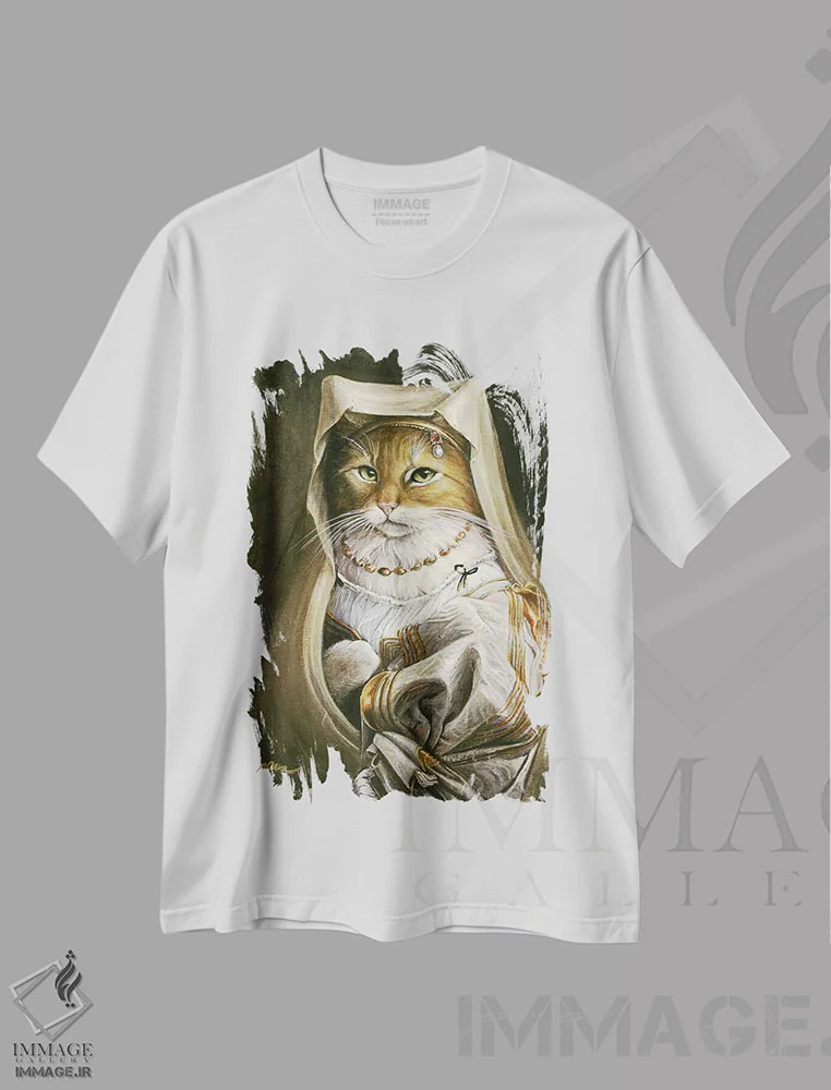 تیشرت سفید طرح دار – تیشرت گربه ,گلدی اثر ملیندا کوپر immage.ir