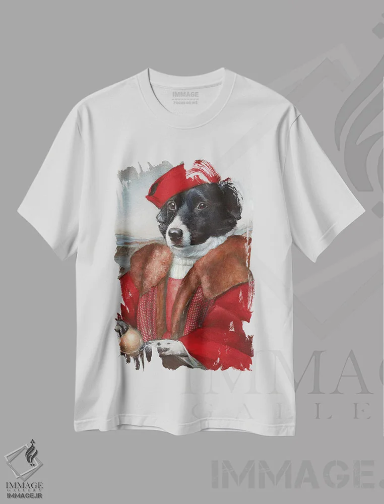 تیشرت سفید طرح دار – تیشرت سگ ,مایکی با لباس قرمز اثر ملیندا کوپر immage.ir