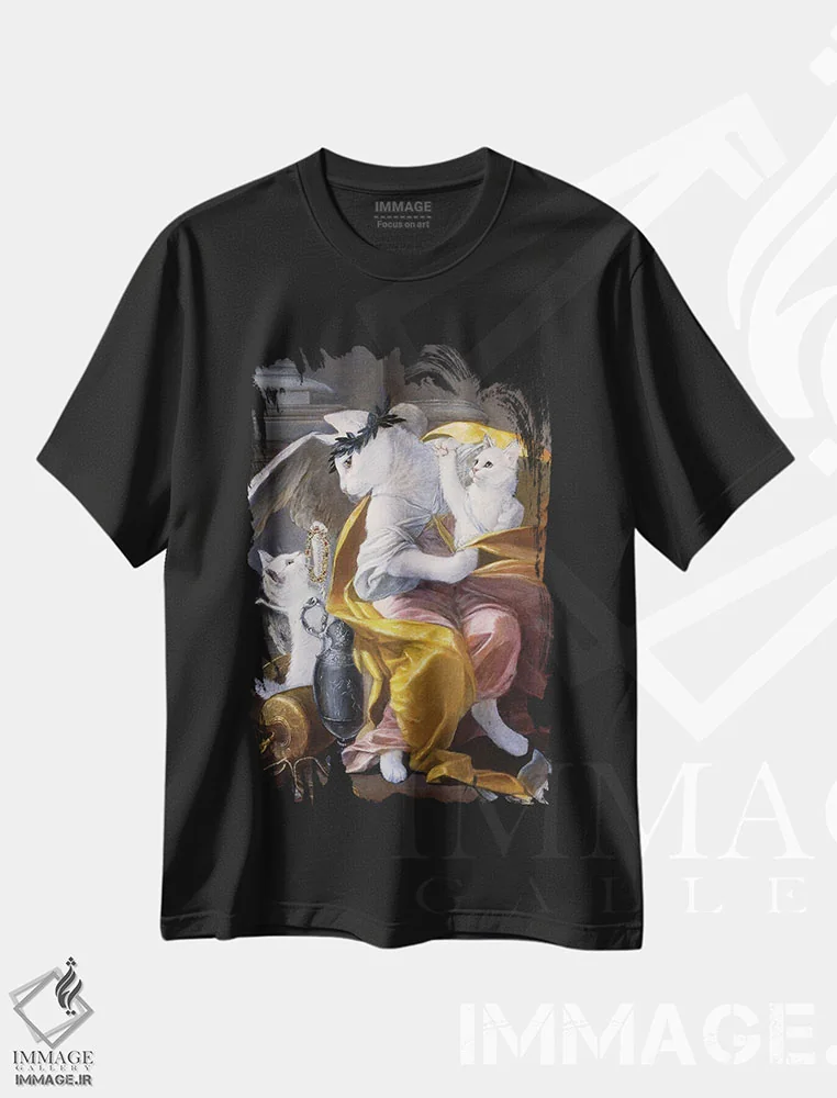 تیشرت مشکی طرح دار – تیشرت گربه ها ,فرشتگان گربه سفید اثر ملیندا کوپر immage.ir