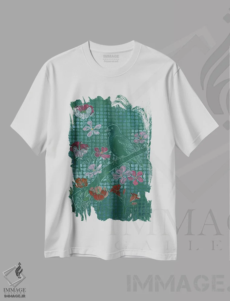 تیشرت سفید طرح دار – تیشرت طبیعت ,پرنده روی سبز اثر میری اشت فروشگاه ایماژ