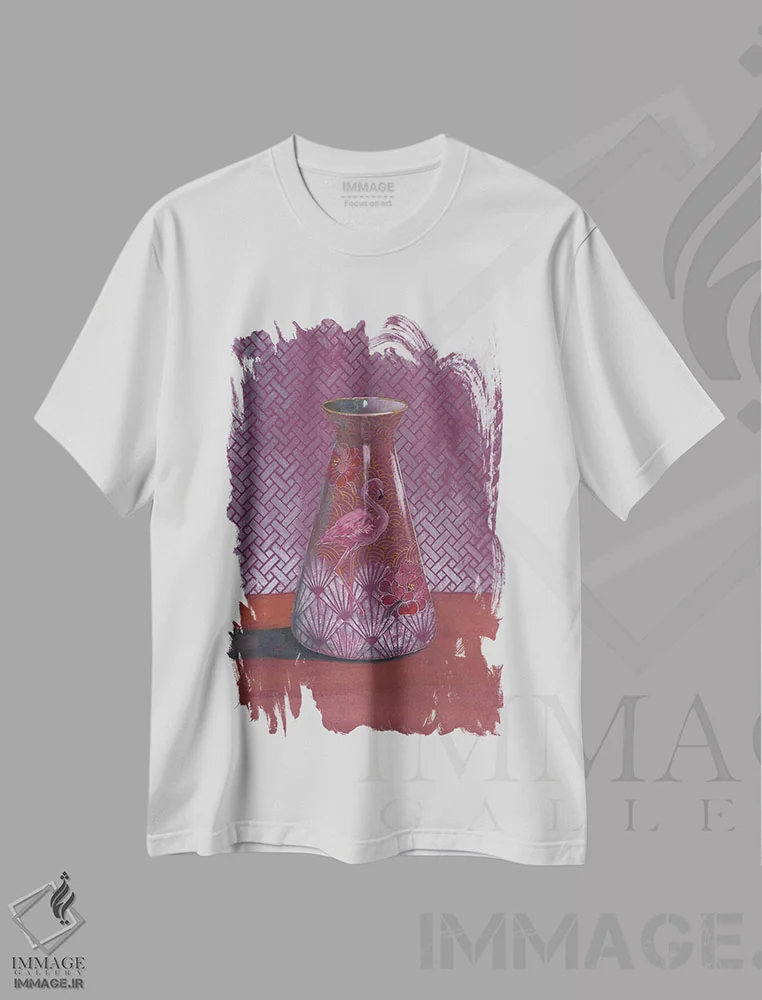 تیشرت سفید طرح دار – تیشرت هنری ,گلدان فلامینگو اثر میری اشت immage.ir