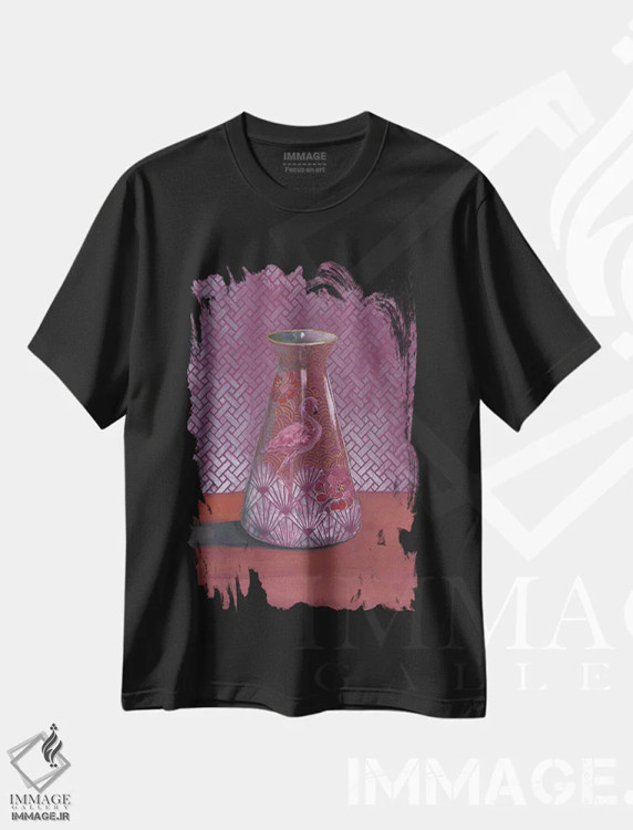 تیشرت مشکی طرح دار – تیشرت هنری ,گلدان فلامینگو اثر میری اشت فروشگاه ایماژ