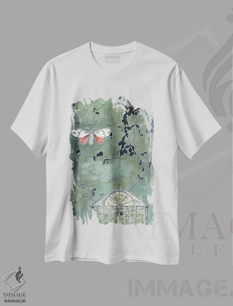 تیشرت سفید طرح دار – تیشرت هنری ,گلخانه و شب پره اثر میری اشت immage.ir