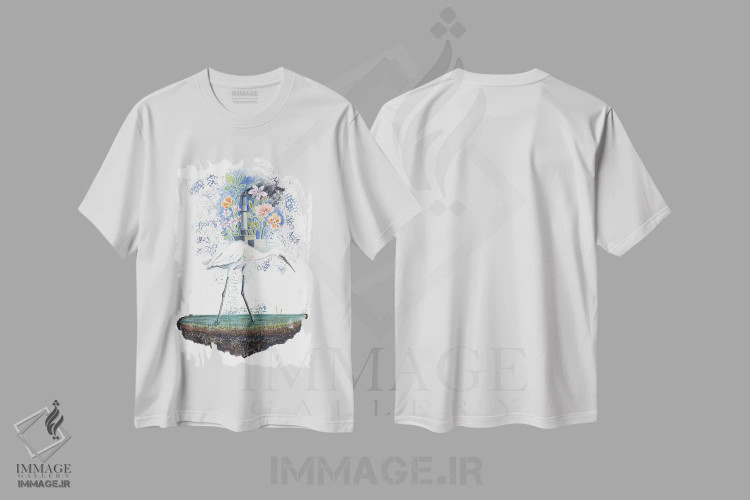 تیشرت سفید طرح دار – تیشرت طبیعت ,رؤیاهای حواصیل اثر میری اشت فروشگاه ایماژ